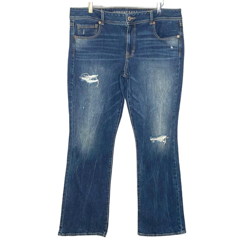 AMERICAN EAGLE OUTFITTERS KICK BOOT JEANS DISTRESSING & STRETCH BLUE SZ 18 LONG